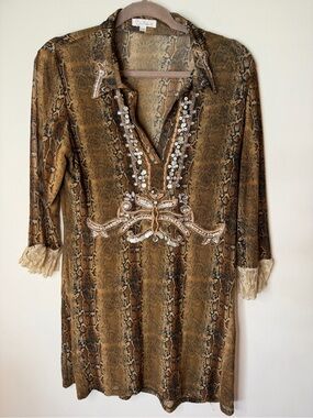 Ostinnec Snake Print Tunic Dress animal print festival beaded lace size medium.
